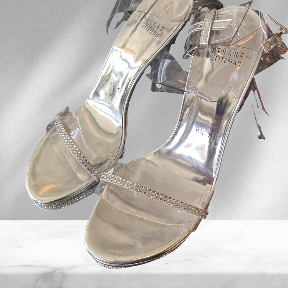 Stuart Weitzman Platform Silver and Acrylic Rhinestone Sandals New 8 1/2